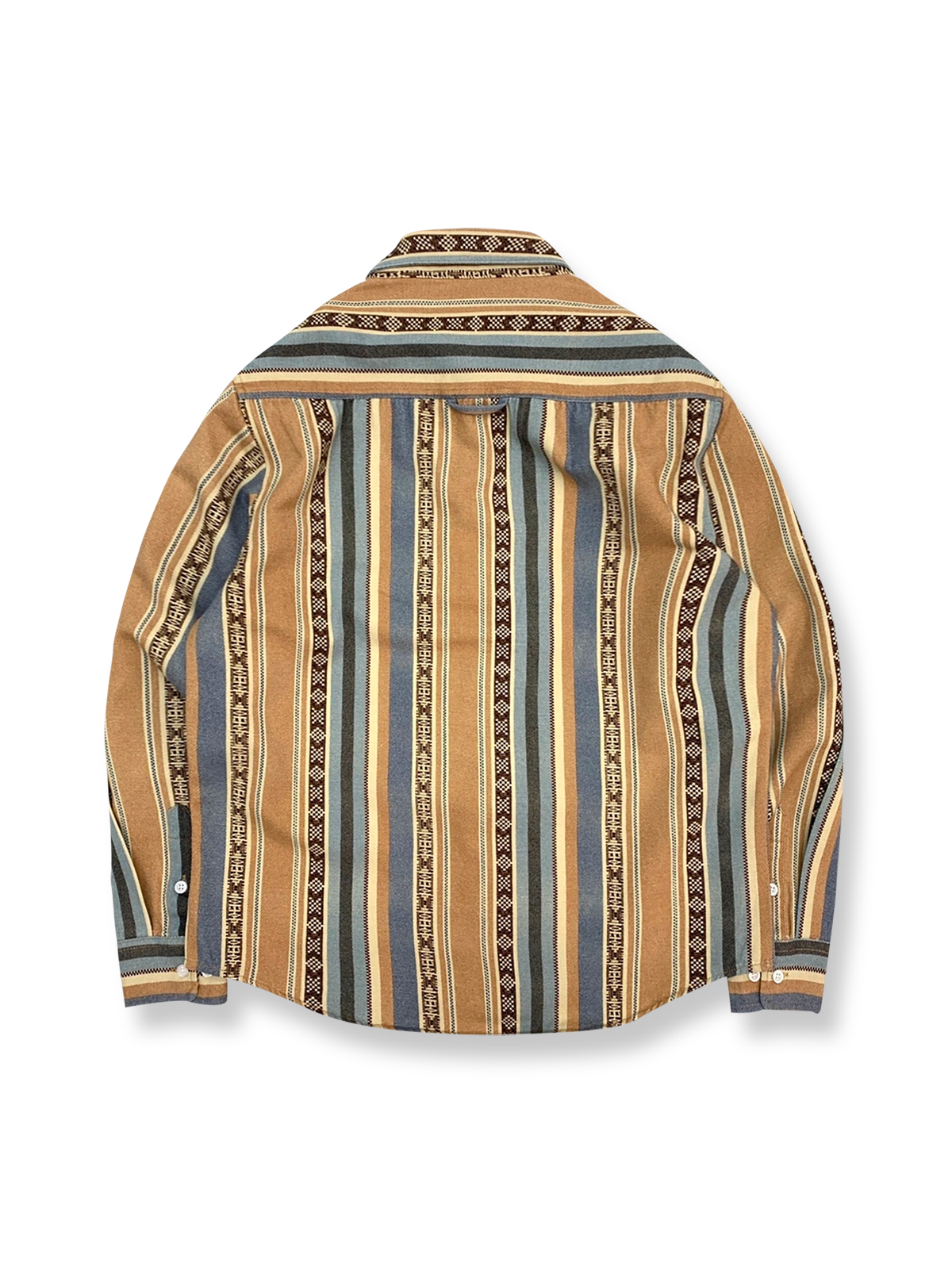 製品画像: ヴィンテージエスニックストライプが特徴の長袖シャツ
詳細画像: ストライプパターンと厚手のコットン生地のディテール
