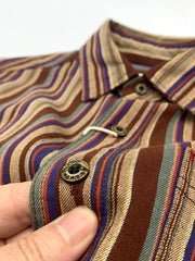 製品画像: カラフルストライプと民族風デザインが特徴のコットン長袖シャツ
詳細画像: 柔らかい100%コットン生地と鮮やかなストライプディテール