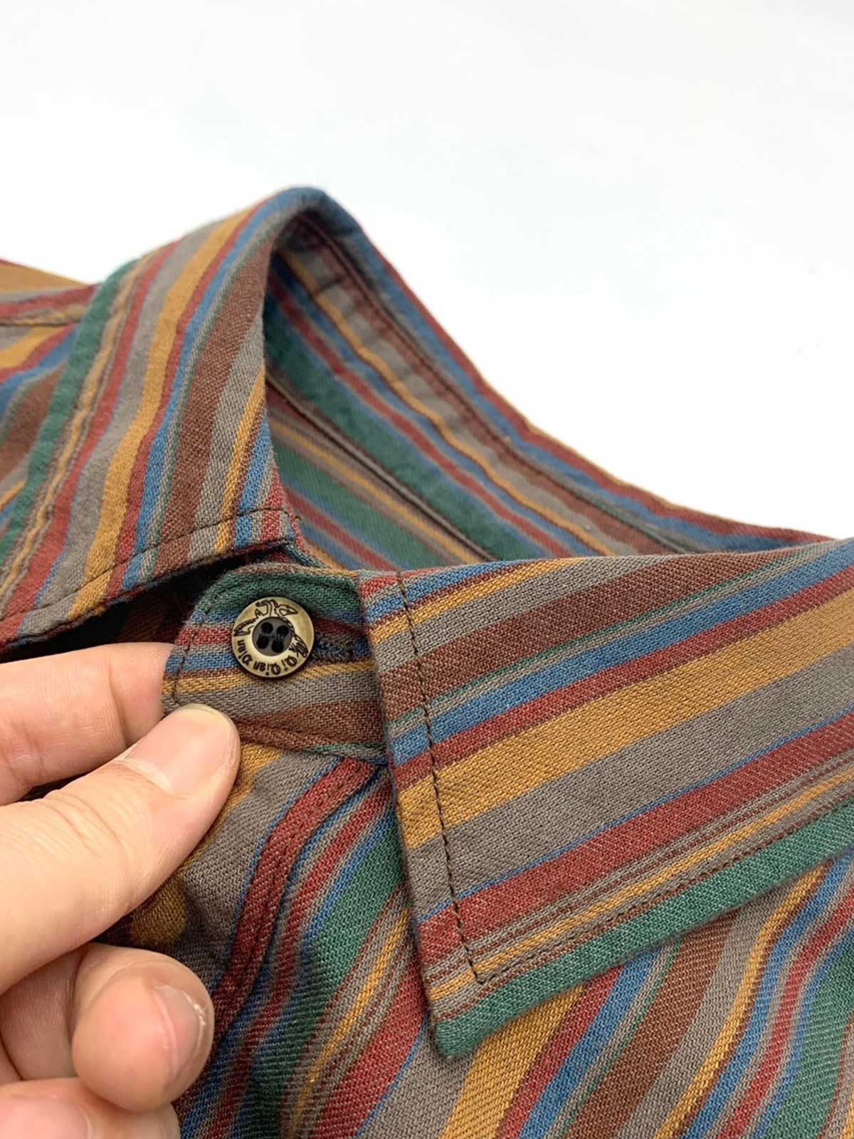 製品画像: カラフルストライプと民族風デザインが特徴のコットン長袖シャツ
詳細画像: 柔らかい100%コットン生地と鮮やかなストライプディテール