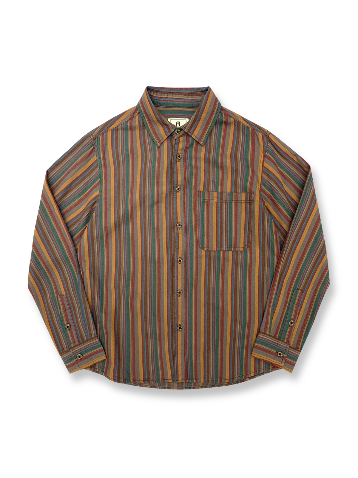 製品画像: カラフルストライプと民族風デザインが特徴のコットン長袖シャツ