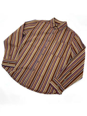 製品画像: カラフルストライプと民族風デザインが特徴のコットン長袖シャツ
詳細画像: 柔らかい100%コットン生地と鮮やかなストライプディテール