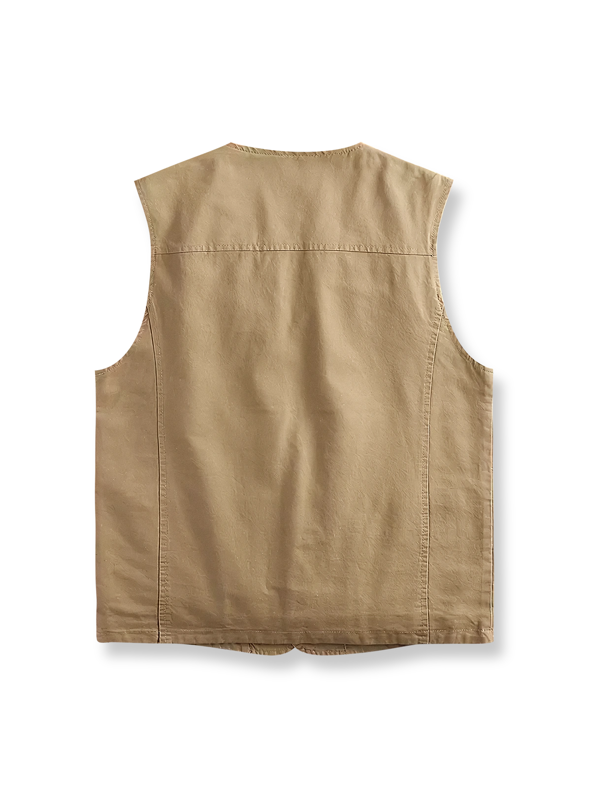 製品画像: ヴィンテージサイクリングベストの正面全体画像。
詳細画像: 多機能ポケットとVネックのヴィンテージボタンディテールのクローズアップ。