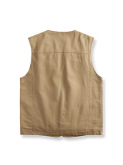 製品画像: ヴィンテージサイクリングベストの正面全体画像。
詳細画像: 多機能ポケットとVネックのヴィンテージボタンディテールのクローズアップ。