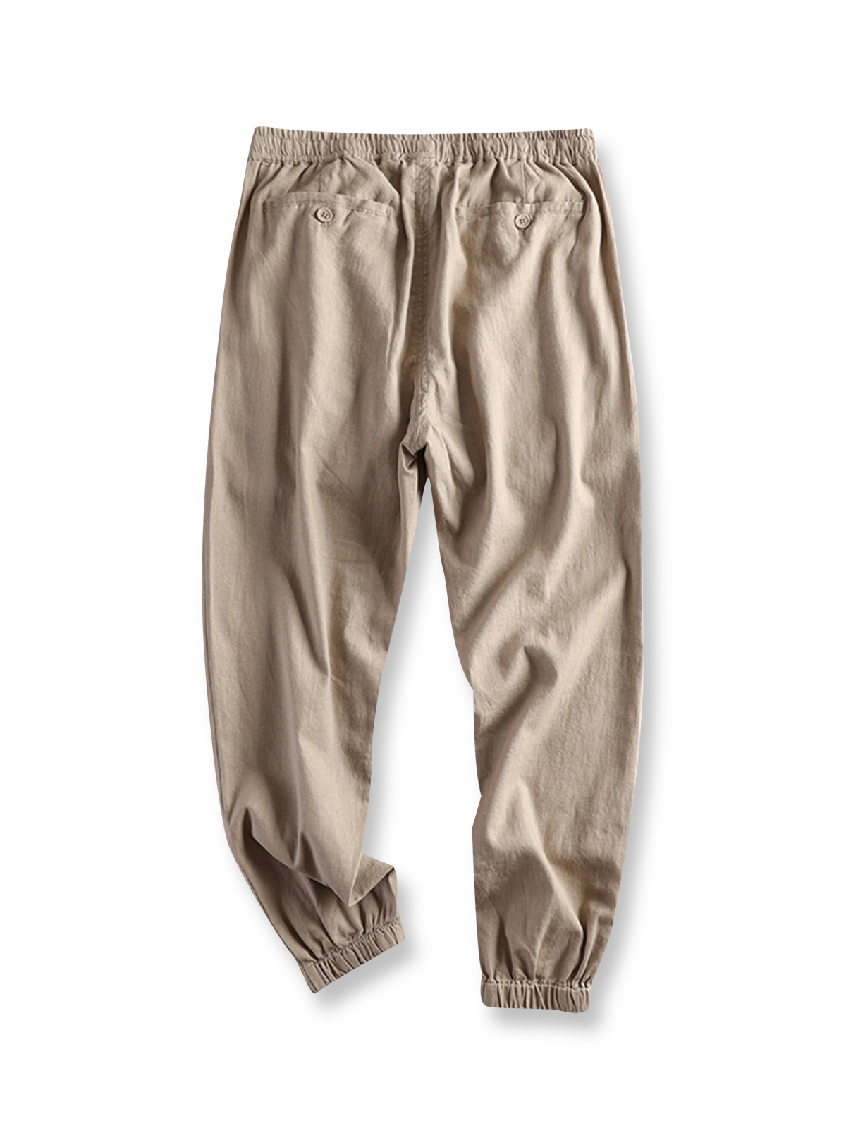 製品画像: 日系スタイルのピュアリネンルーズジョガーパンツ
詳細画像: 柔らかなリネン素材とジョガースタイルのディテール