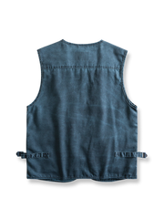 製品画像: 16個のポケットとタクティカルフックが特徴の美式ヴィンテージ機能性ワークベスト
詳細画像: 多ポケットデザインとウォッシュド加工が施されたヘビーツイル素材のディテール