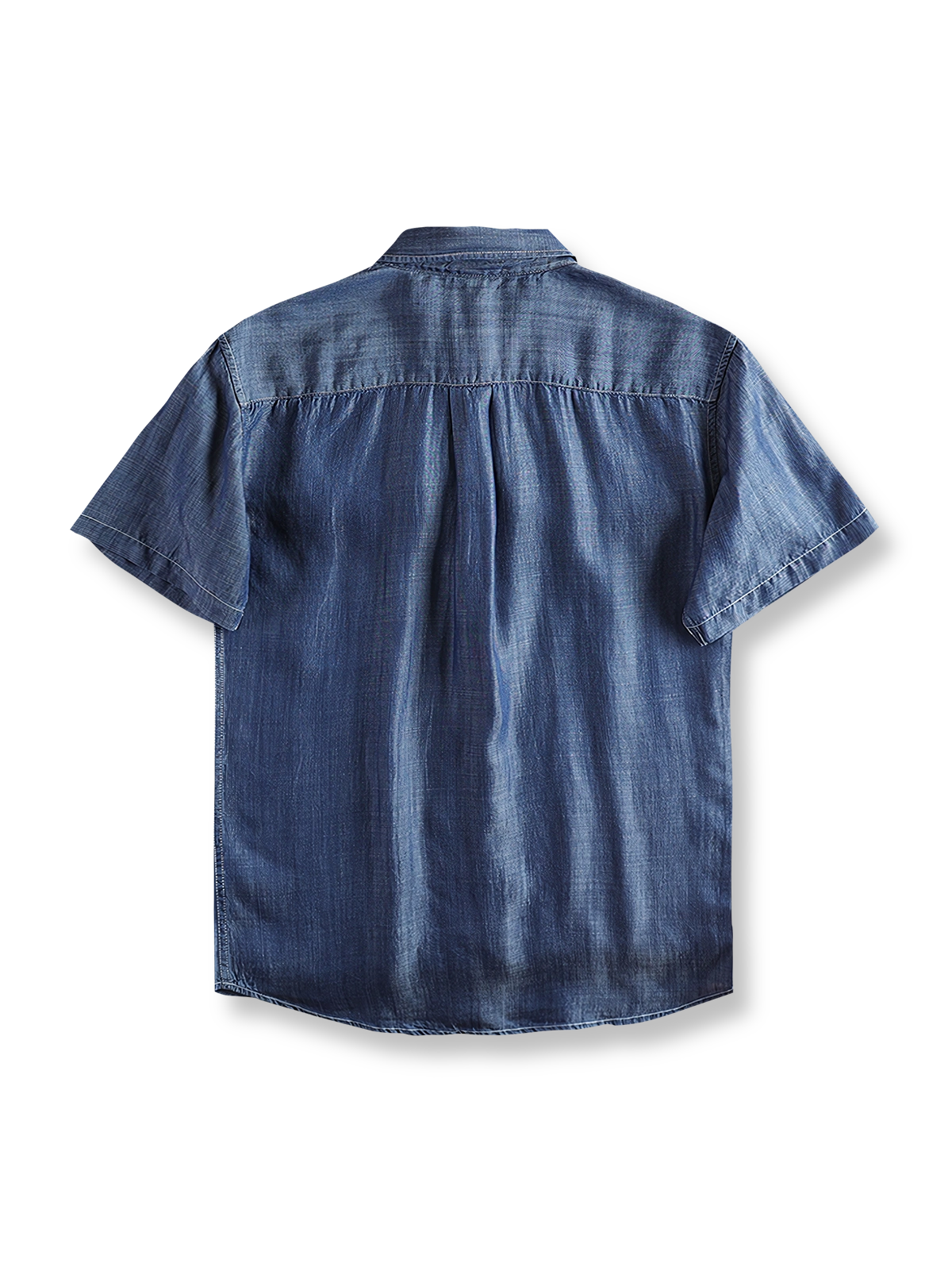製品画像: 涼感テンセル素材を使用したアメリカンヴィンテージスタイルのデニム半袖シャツ
詳細画像: バイオ加工による滑らかな生地と微アーチ型裾のディテール