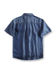 製品画像: 涼感テンセル素材を使用したアメリカンヴィンテージスタイルのデニム半袖シャツ
詳細画像: バイオ加工による滑らかな生地と微アーチ型裾のディテール