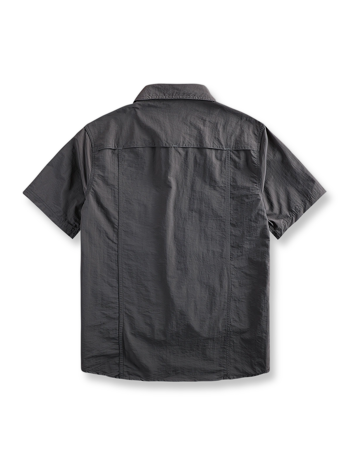 製品画像: 速乾・UVカット機能付きアウトドア用半袖ワークシャツ
詳細画像: ナイロン素材と背面メッシュライニングのディテール