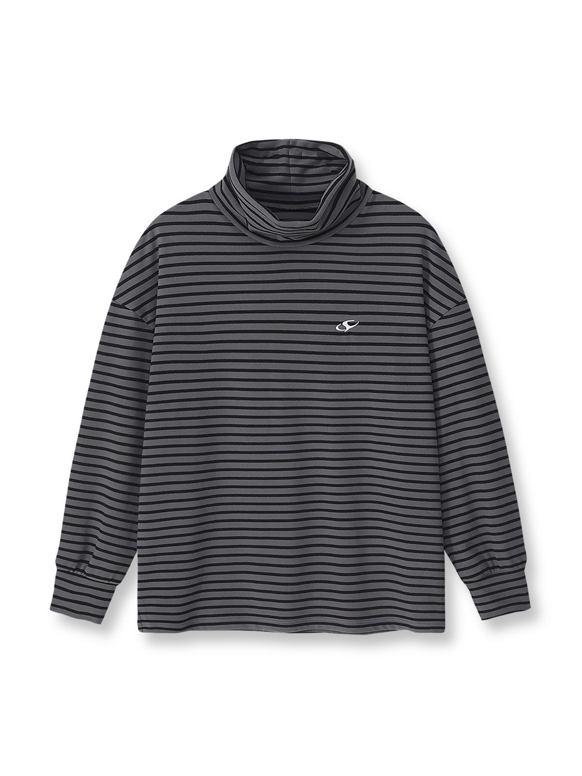 製品画像: 自発熱機能を持つデロン素材のストライプインナーの正面ビュー
詳細画像: モックネックデザインと刺繍ディテールの表示