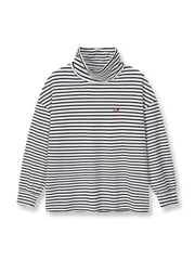 製品画像: 自発熱機能を持つデロン素材のストライプインナーの正面ビュー
詳細画像: モックネックデザインと刺繍ディテールの表示