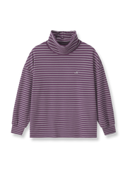 製品画像: 自発熱機能を持つデロン素材のストライプインナーの正面ビュー
詳細画像: モックネックデザインと刺繍ディテールの表示