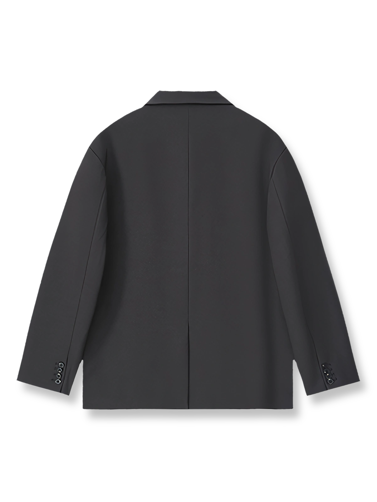 製品画像: 不規則なカーブラインデザインのダークグレースーツの正面展示
詳細画像: ラペルとカーブパネルのディテール展示