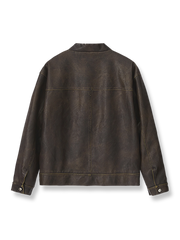 製品画像: ヴィンテージブラウンレザージャケットの正面展示
詳細画像: 手擦り加工による斑驳なウォッシュ質感のディテール展示