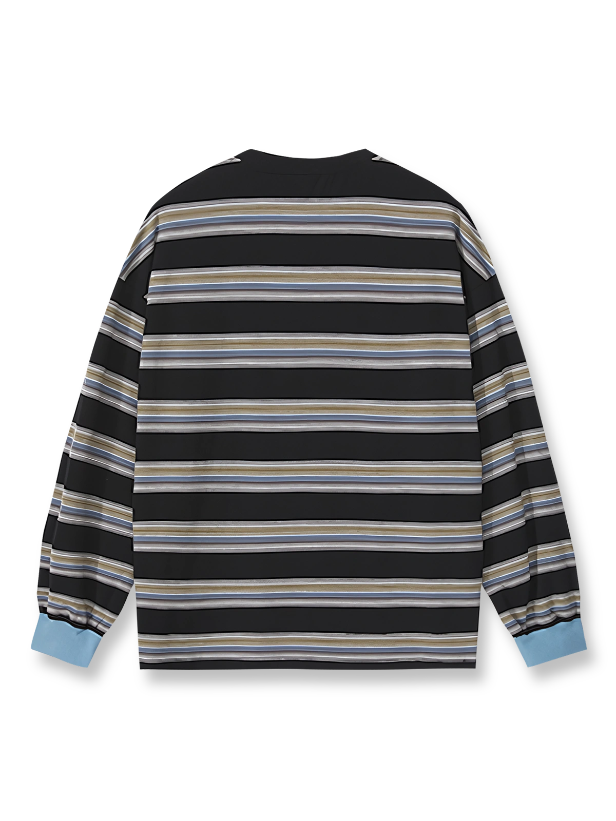 製品画像: ヴィンテージ配色ストライプ長袖Tシャツの正面展示
詳細画像: 袖口のブルーリブ配色のディテール展示