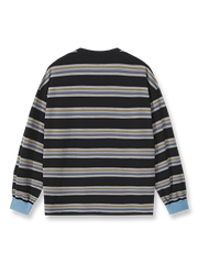 製品画像: ヴィンテージ配色ストライプ長袖Tシャツの正面展示
詳細画像: 袖口のブルーリブ配色のディテール展示