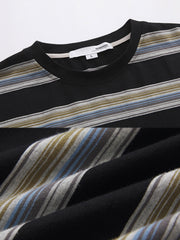 製品画像: ヴィンテージ配色ストライプ長袖Tシャツの正面展示
詳細画像: 袖口のブルーリブ配色のディテール展示