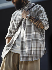 詳細画像: Gorpcoreスタイルのジッパーポケットとスラブテクスチャの生地ディテール表示
モデル画像: モデルが着用したワークウェア風アメリカンヴィンテージスタンドカラー格子シャツとデニムパンツのスタイリング