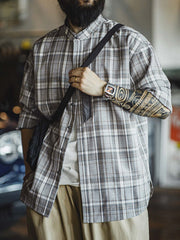 詳細画像: Gorpcoreスタイルのジッパーポケットとスラブテクスチャの生地ディテール表示
モデル画像: モデルが着用したワークウェア風アメリカンヴィンテージスタンドカラー格子シャツとデニムパンツのスタイリング