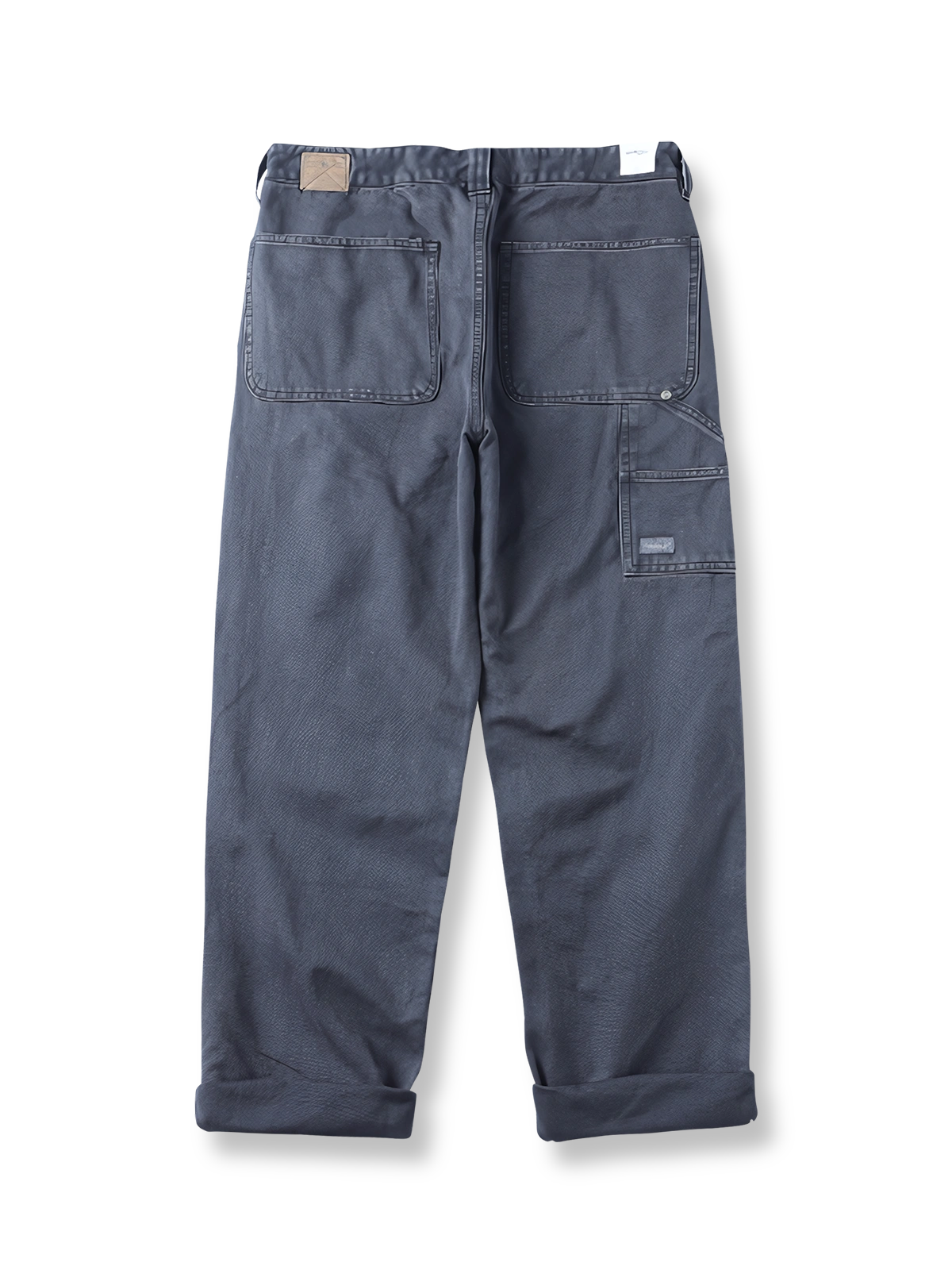 製品画像: ヴィンテージ風の多ポケットワークパンツ全体像
詳細画像: 6つのポケットと重ねポケットのディテール