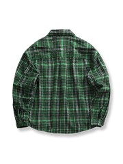 製品画像: アメリカンヴィンテージ風フランネル厚手起毛長袖ワークシャツ全体像
詳細画像: シャツのレギュラーカラーとチェック柄のディテール