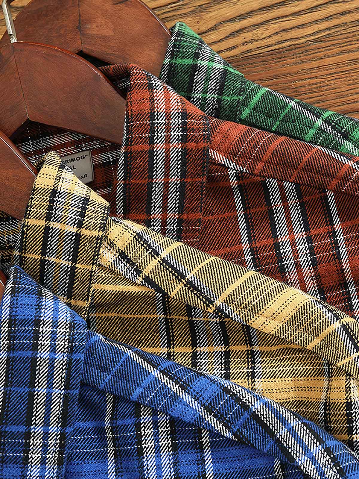 製品画像: アメリカンヴィンテージ風フランネル厚手起毛長袖ワークシャツ全体像
詳細画像: シャツのレギュラーカラーとチェック柄のディテール