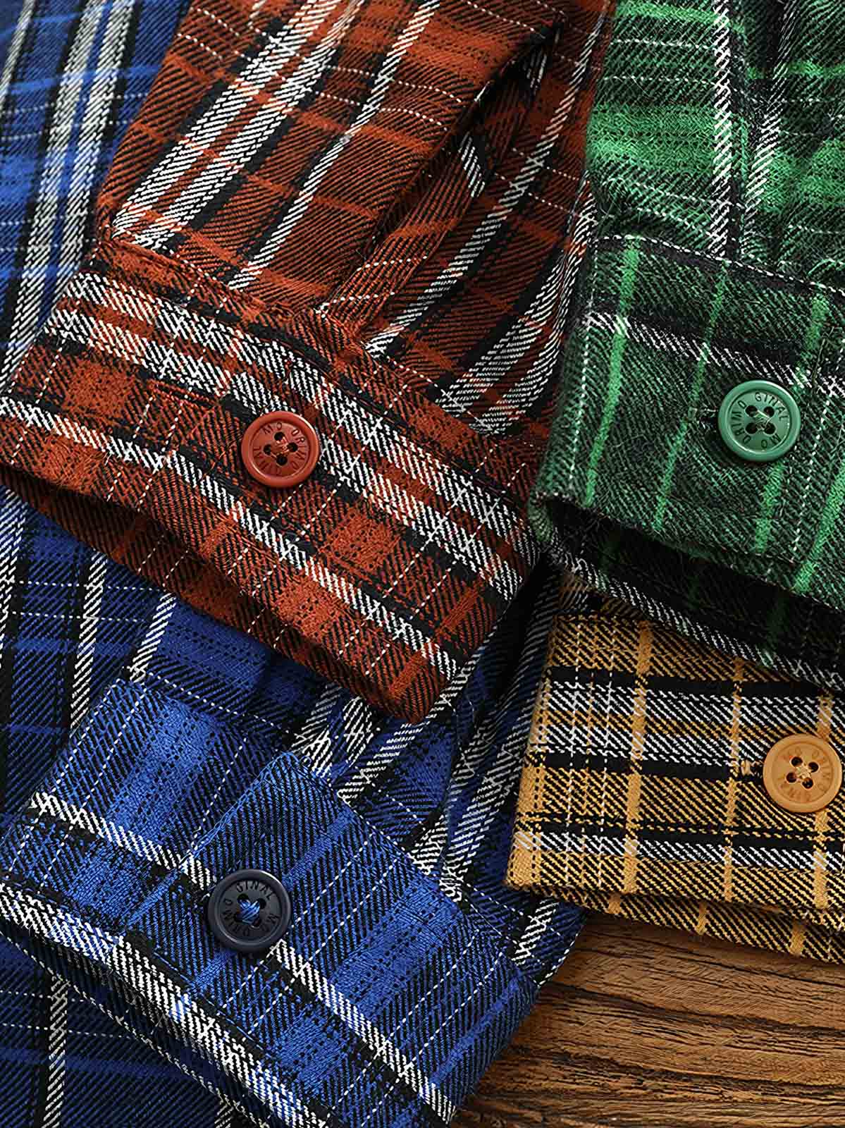 製品画像: アメリカンヴィンテージ風フランネル厚手起毛長袖ワークシャツ全体像
詳細画像: シャツのレギュラーカラーとチェック柄のディテール