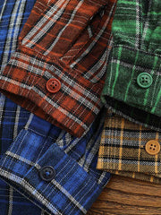 製品画像: アメリカンヴィンテージ風フランネル厚手起毛長袖ワークシャツ全体像
詳細画像: シャツのレギュラーカラーとチェック柄のディテール