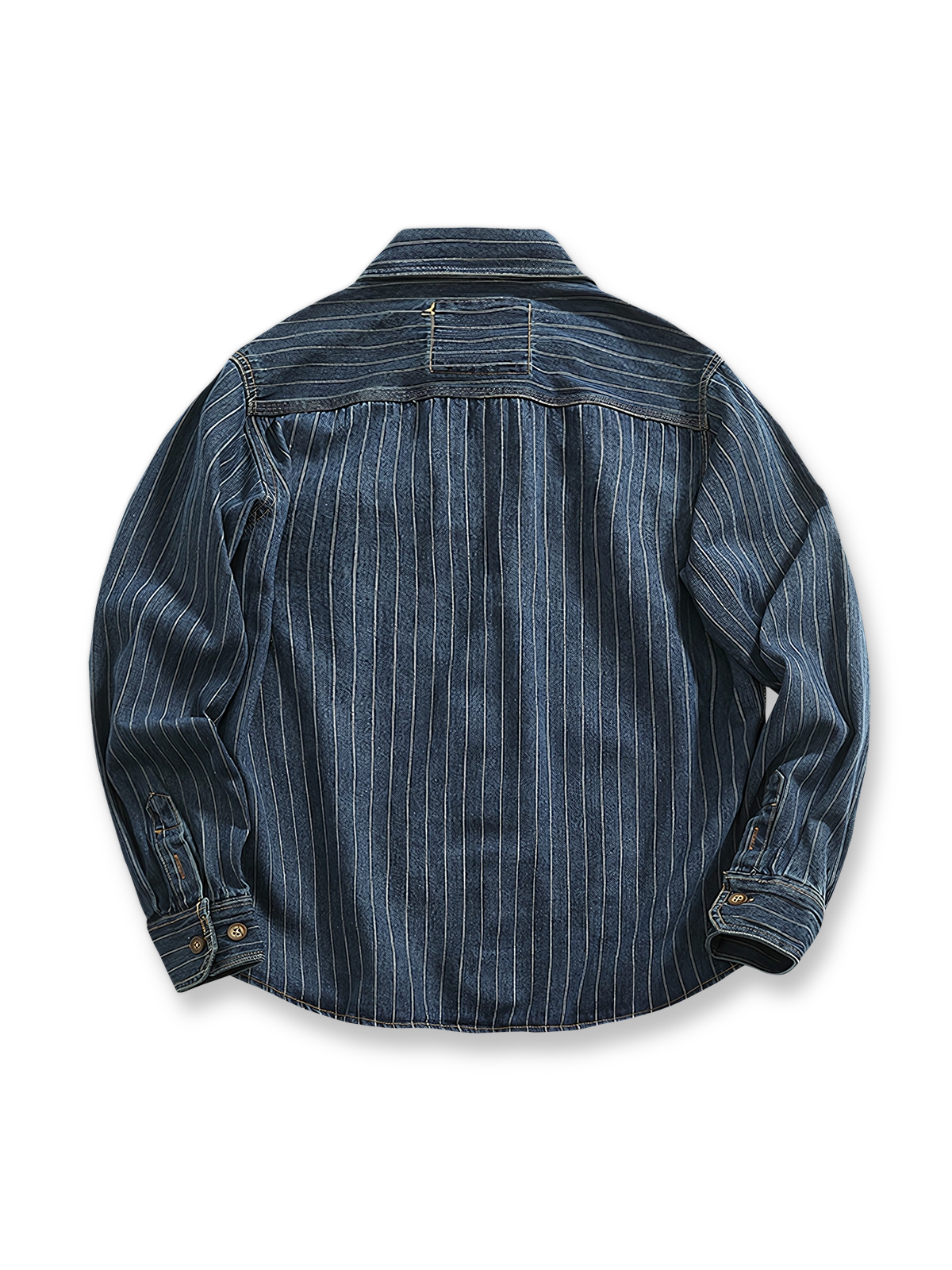 製品画像: ヴィンテージストライプヘビーデニムワークシャツ全体像
詳細画像: ワークポケットと縦ストライプのディテール