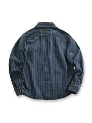 製品画像: ヴィンテージストライプヘビーデニムワークシャツ全体像
詳細画像: ワークポケットと縦ストライプのディテール