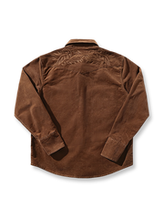 製品画像: 唐草模様の刺繍入りコーデュロイウェスタン風ヴィンテージシャツの正面画像。クラシックなウェスタンスタイルとヴィンテージ感が際立つシャツ。
詳細画像: コーデュロイ素材と刺繍のディテール特写。高級感のある刺繍とアンティーク風のディテール。