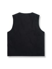 製品画像: THERMLLITEテクノロジーコットン使用のリバーシブルヴィンテージジャカードベストの正面図。高密度パールキャンバスとリブジャカードの両面デザインが特徴。
詳細画像: ヴィンテージジャカード内側とクラシックなフラワーボタンのディテールクローズアップ。THERMLLITE中綿で保温性を強化。