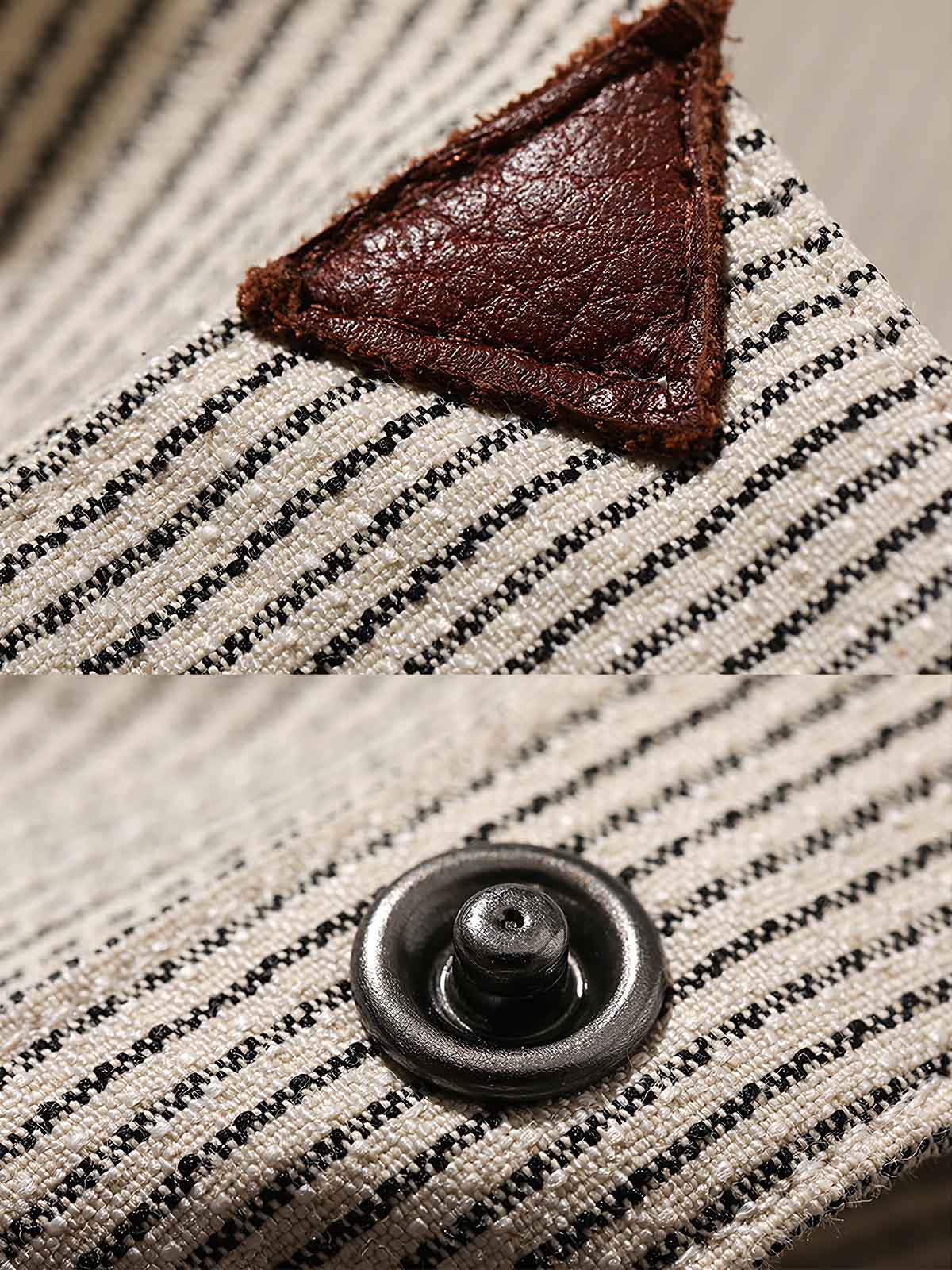 製品画像: アイボリー色のスナップボタン付きストライプシャツの正面図。ヴィンテージウエスタンデザインが特徴。
詳細画像: シャツの肩部ディテールとトライアングルレザー補強部分のクローズアップ。ダブルステッチと色織り生地が耐久性とスタイルを強調。