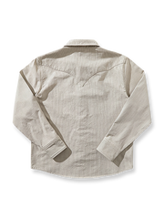 製品画像: アイボリー色のスナップボタン付きストライプシャツの正面図。ヴィンテージウエスタンデザインが特徴。
詳細画像: シャツの肩部ディテールとトライアングルレザー補強部分のクローズアップ。ダブルステッチと色織り生地が耐久性とスタイルを強調。