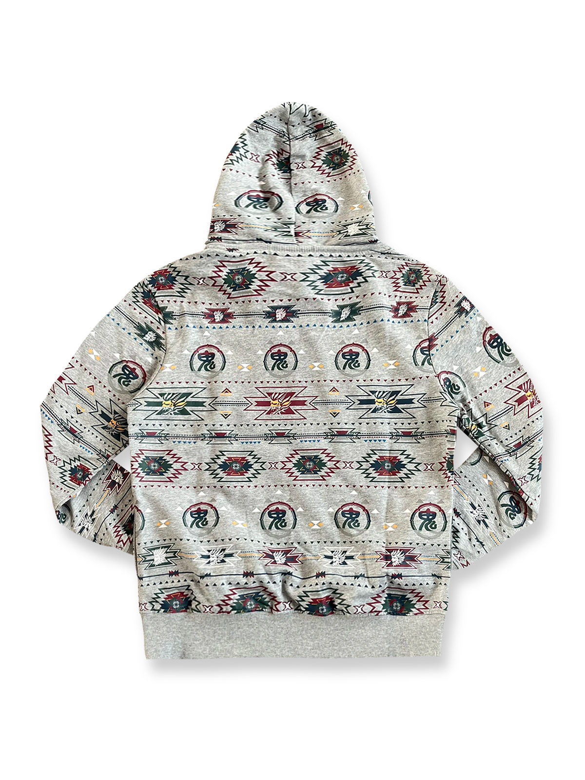 製品画像:ナバホ族風刺繍ユーズド加工フーディーの正面画像
詳細画像:フーディーの刺繍ディテールとフードの特写