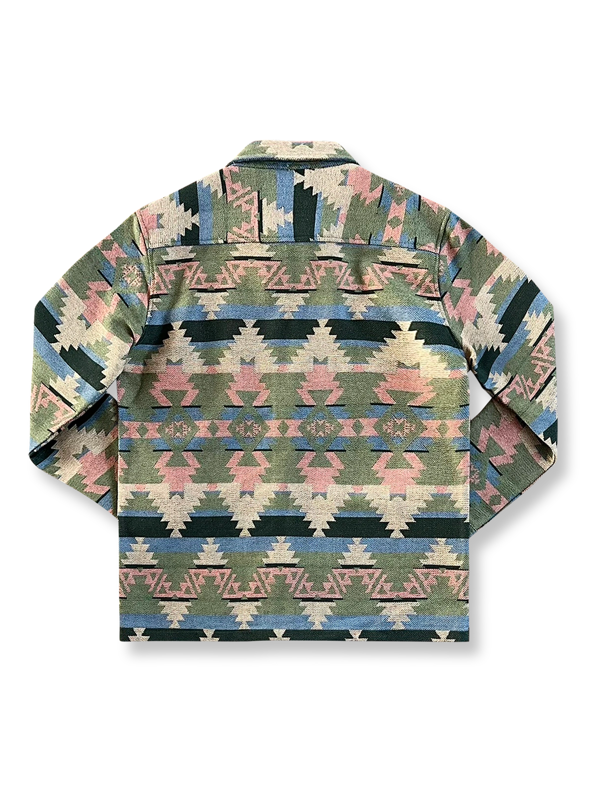 製品画像: ナバホ民族風ジャカードコーチジャケットの正面画像。100%コットンで作られたヴィンテージ風デザインのジャケット。
詳細画像: ジャカード柄とジップクロージャーのディテール特写。ナバホ柄のユニークなパターンと高い編み込み技術が際立つ。