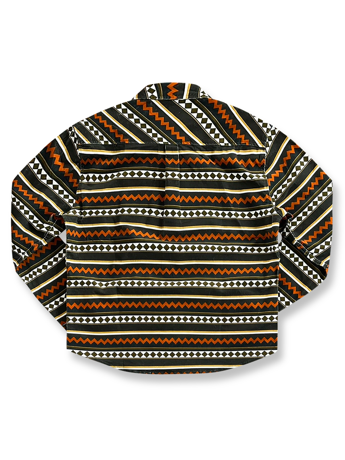 製品画像: ヴィンテージコーデュロイワイドカラー長袖シャツの正面画像。厚手のコーデュロイ素材で、快適な着心地を実現。
詳細画像: コーデュロイ素材のリブディテールとヴィンテージプリントの特写。