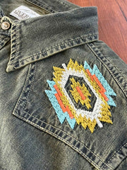 詳細画像: シャツのナバホ刺繍パターンとヴィンテージ金属バッファローボタンのディテール