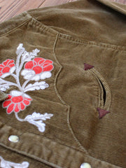 詳細画像: 刺繍のディテールと本革ポケット、ラムレザーの裾部分の展示