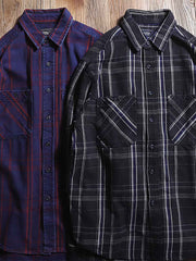 製品画像: ワークレトロチェック柄シャツの正面画像。厚手のコットン100%素材で作られた、ヴィンテージスタイルのクラシックシャツ。
詳細画像: ヴィンテージボタンと耐久性のあるチェック柄コットン生地のディテール特写。レトロなワークスタイルを演出。