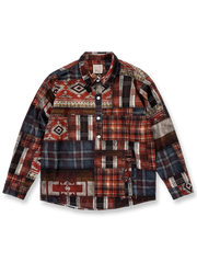 製品画像: ヴィンテージ風チェックパッチワークプリントコットン長袖シャツの正面