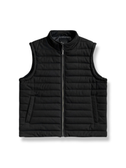 製品画像: 中綿入りの無地スタンドカラーのベスト正面ビュー。シンプルでスタイリッシュなデザインと、中綿素材の保温効果が際立つ。
詳細画像: 中綿入りベストのスタンドカラーと中綿素材のディテール。冬の寒さから守るための中綿素材とスタンドカラーの特徴が明確に見える。