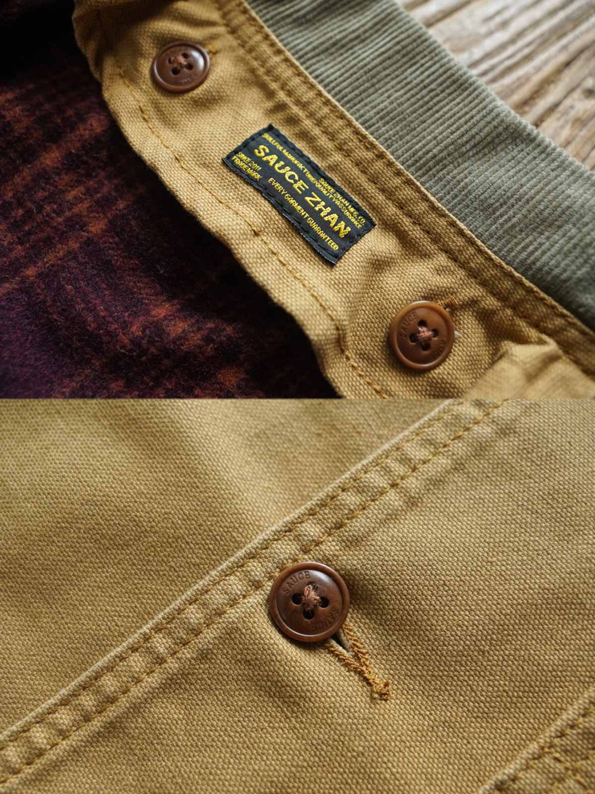 製品画像: 1960年代ヴィンテージスタイルのハンティングジャケット正面、アウトドアファッションに最適なアイテム
詳細画像: 脱着可能なウールインナーとキャンバスハンティングジャケットの詳細、クラシックなデザインと高品質素材のディテール