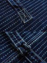 製品画像: ハート柄抜染レトロマチックマチエベスト正面ビュー、13.5OZ赤耳デニム素材の特徴的なデザイン、復古風の工装スタイル
詳細画像: ハート柄抜染デニムの生地質感とカスタム真鍮ボタン、レトロデザインのディテール、ヴィンテージ仕上げ