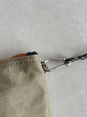 製品画像: 頭層牛革とウォッシュキャンバスのショルダーバッグ、正面から見た全体像。レトロなデザインと高品質な素材が際立つ。
詳細画像: 頭層牛革のショルダーバッグの金属ハードウェアと純銅YKKファスナーの詳細特写。本革引き手の質感と精密な仕上げが強調されている。