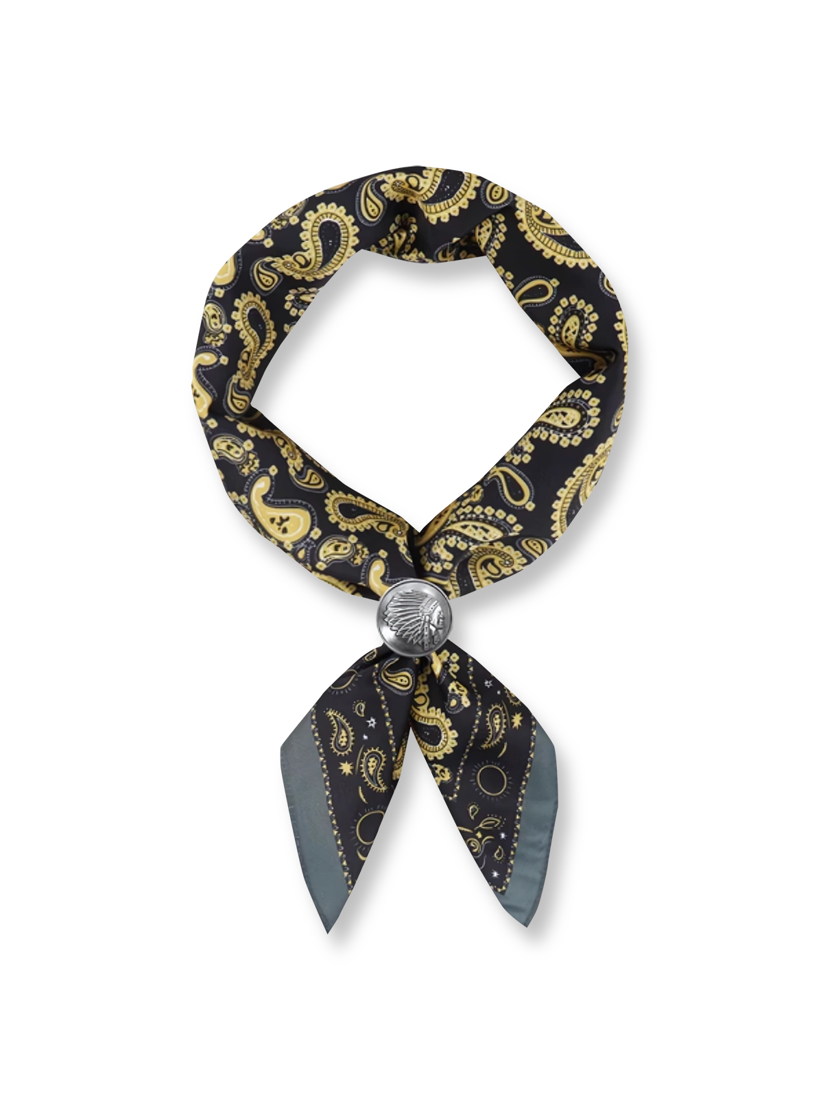 製品画像: ネイビーバンダナとインディアンコインの正面画像。高品質なポリエステル素材と精緻なデザインが一目でわかる。エレガントでありながら、デイリースタイルにも最適なアイテム。
詳細画像: インディアンコインの装飾部分のクローズアップ。民族風デザインと詳細な仕上げが際立ち、ヴィンテージ感とユニークなスタイルを強調。