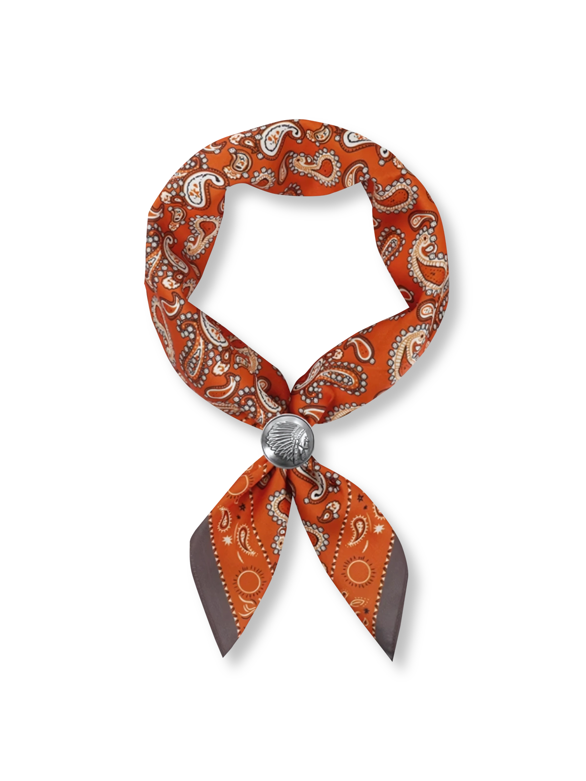 製品画像: ネイビーバンダナとインディアンコインの正面画像。高品質なポリエステル素材と精緻なデザインが一目でわかる。エレガントでありながら、デイリースタイルにも最適なアイテム。
詳細画像: インディアンコインの装飾部分のクローズアップ。民族風デザインと詳細な仕上げが際立ち、ヴィンテージ感とユニークなスタイルを強調。