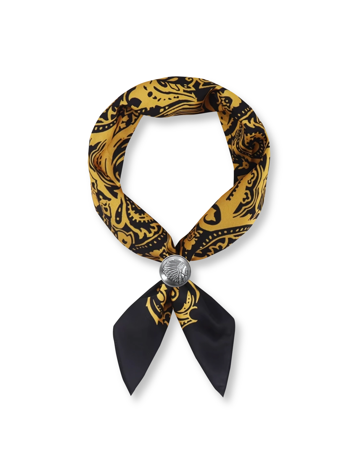 製品画像: ネイビーバンダナとインディアンコインの正面画像。高品質なポリエステル素材と精緻なデザインが一目でわかる。エレガントでありながら、デイリースタイルにも最適なアイテム。
詳細画像: インディアンコインの装飾部分のクローズアップ。民族風デザインと詳細な仕上げが際立ち、ヴィンテージ感とユニークなスタイルを強調。