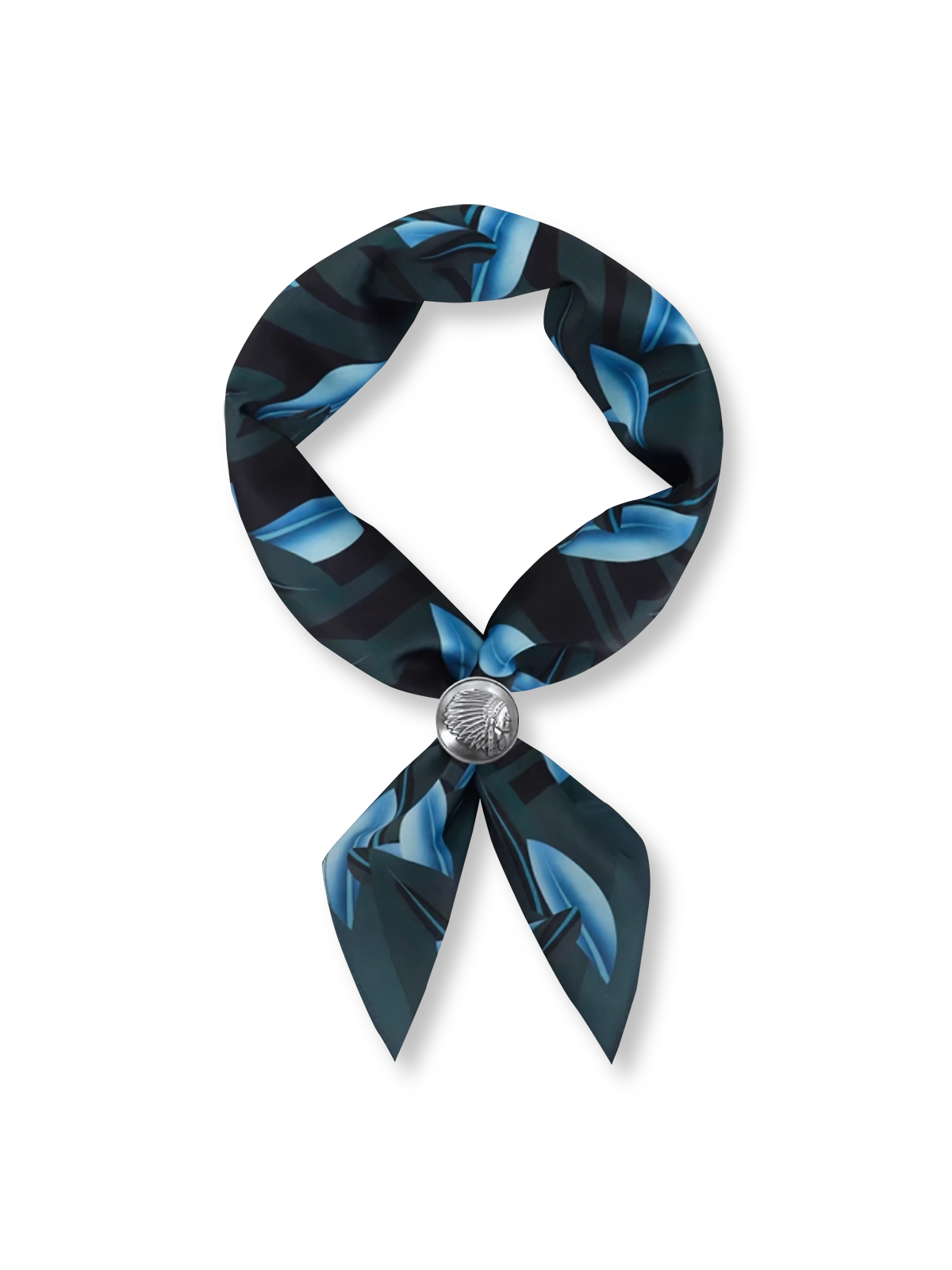 製品画像: ネイビーバンダナとインディアンコインの正面画像。高品質なポリエステル素材と精緻なデザインが一目でわかる。エレガントでありながら、デイリースタイルにも最適なアイテム。
詳細画像: インディアンコインの装飾部分のクローズアップ。民族風デザインと詳細な仕上げが際立ち、ヴィンテージ感とユニークなスタイルを強調。