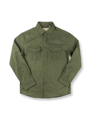 製品画像: ツイルサージワークシャツの全体展示画像。シンプルで洗練されたワークスタイルのデザインを強調しています。
詳細画像: ツイルサージ素材の細部と、機能的なワークポケットのアップ画像。生地の質感と耐久性がよくわかります。