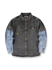 フェイクレイヤードデニム切り替えワークシャツ